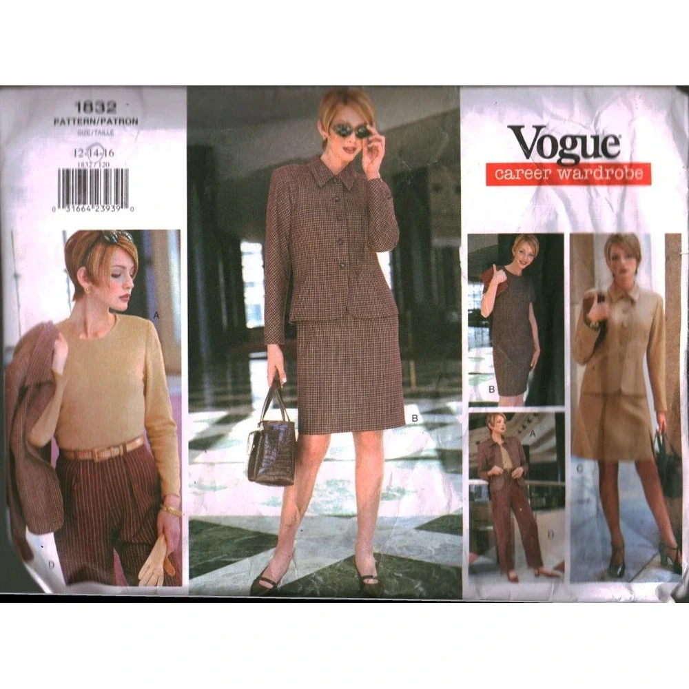 Vogue 1832 Career Wardrobe Sewing Pattern Jacket Dress Top Skirt Pants 12-14
